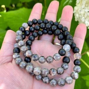 17cm handmade Inner fire gemstone stretch bracelet, Yooperlite, Grey Agate,Onyx
